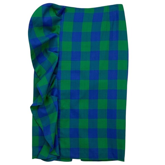 TOV Ruffle Plaid Skirts 40 US/M Blue Green Pencil Straight Midi Heritage Fall - Picture 13 of 14
